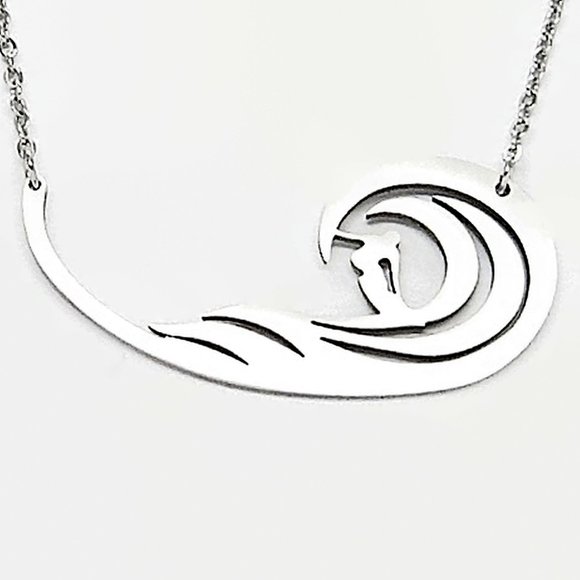 Necklace Surfer Ocean Wave Scene Stainless Steel 18" - Picture 1 of 4